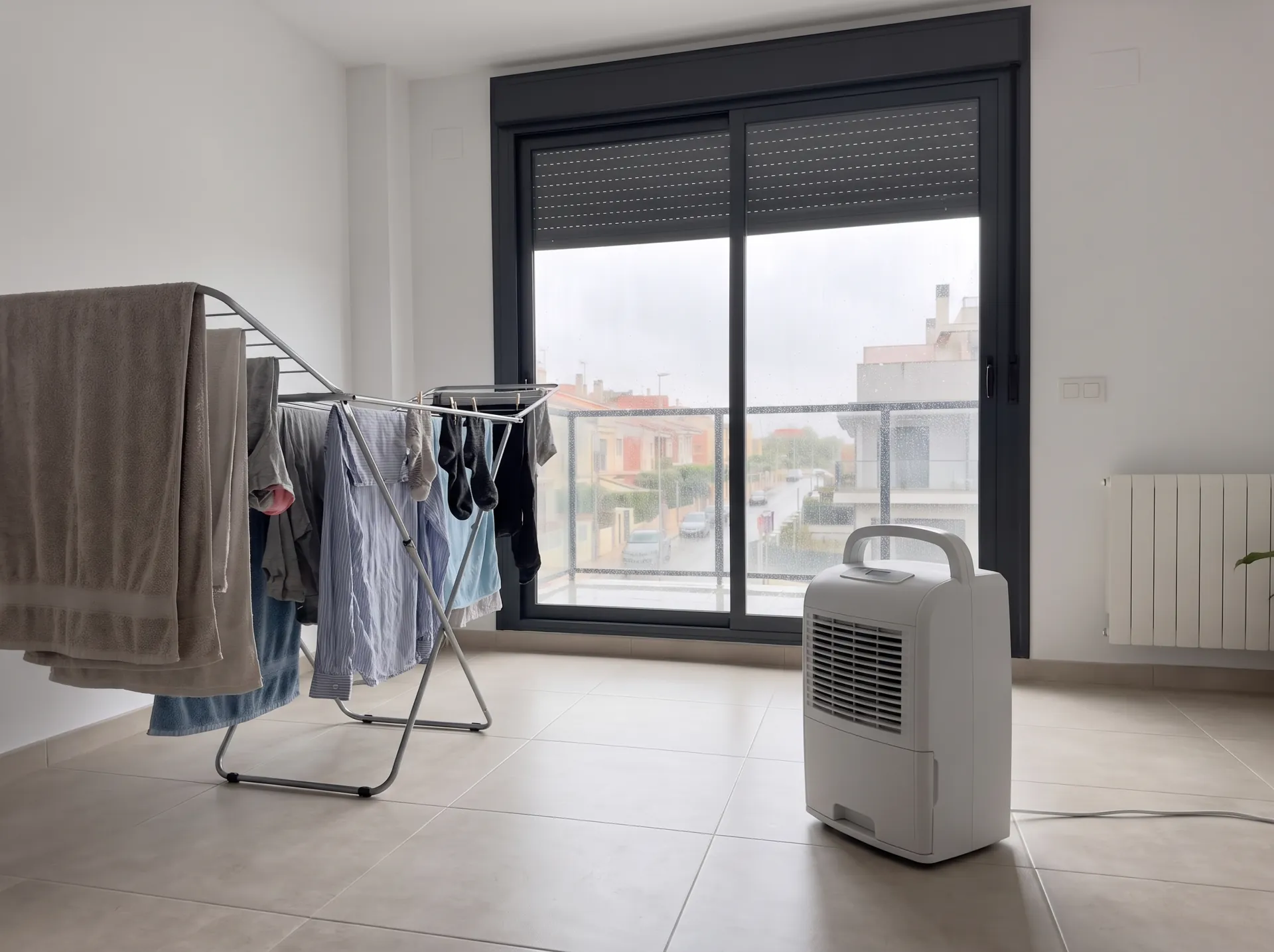 Tendedero con ropa húmeda junto a un deshumidificador en una habitación de un piso moderno, con lluvia en el ventanal (imagen generada con IA)