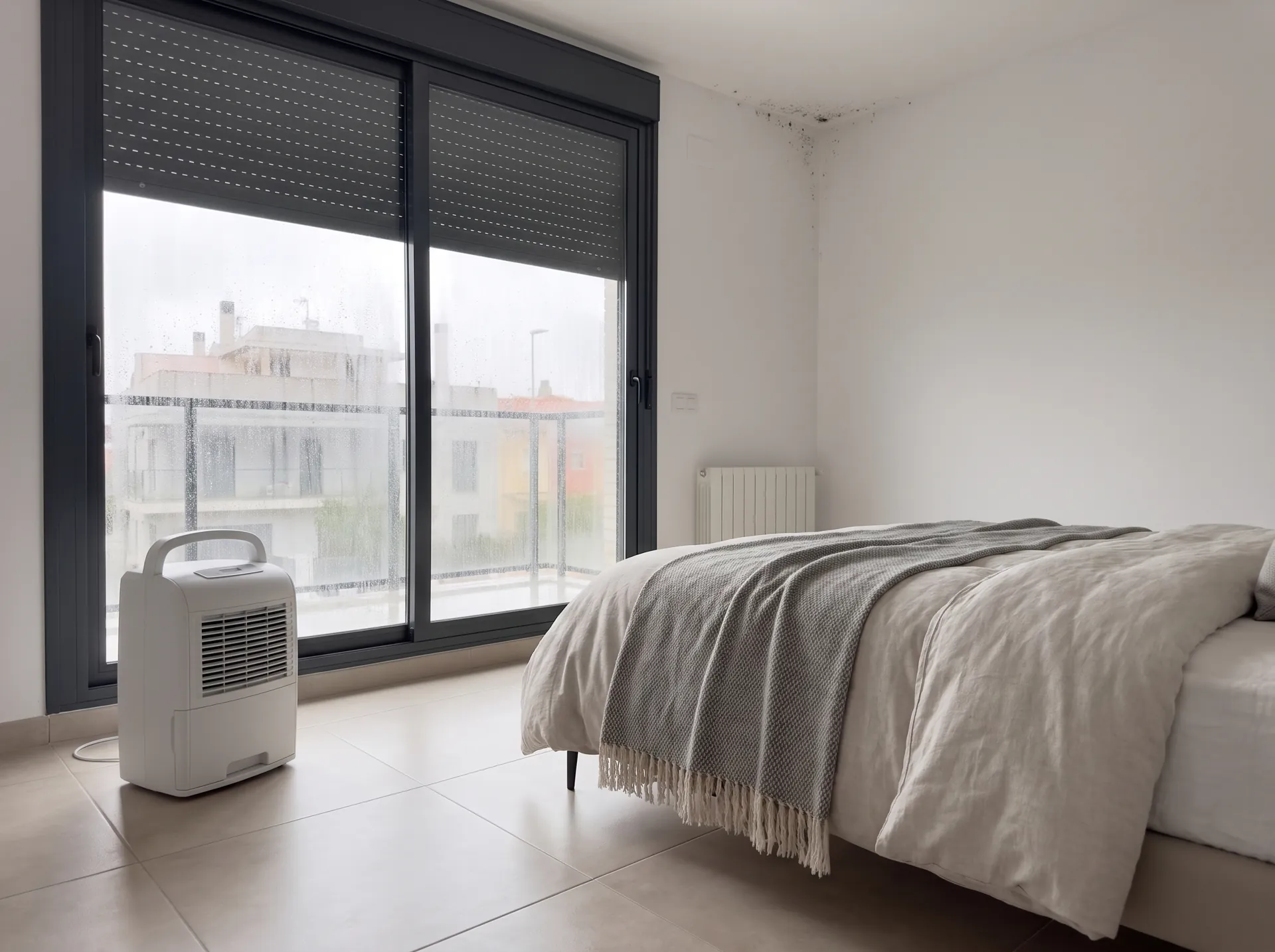 Dormitorio con gotas de condensación en el ventanal y manchas de moho en la esquina alta del techo, con un deshumidificador junto a la cama (imagen generada con IA)