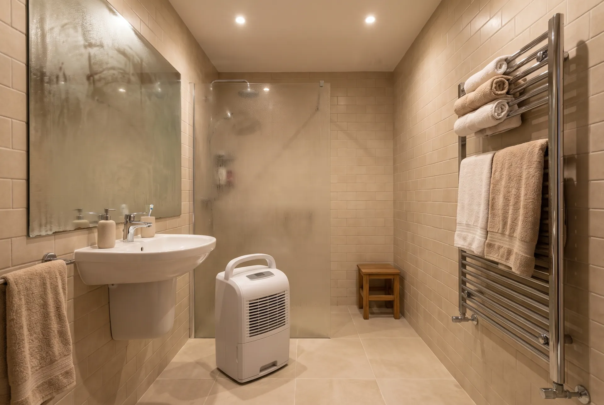 Deshumidificador en el suelo de un baño reformado sin ventana, con el espejo empañado (imagen generada con IA)