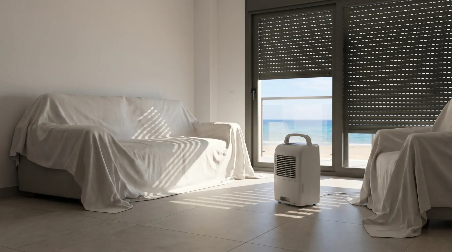 Deshumidificador en el salón de un apartamento de playa cerrado, con los muebles tapados con sábanas (imagen generada con IA)