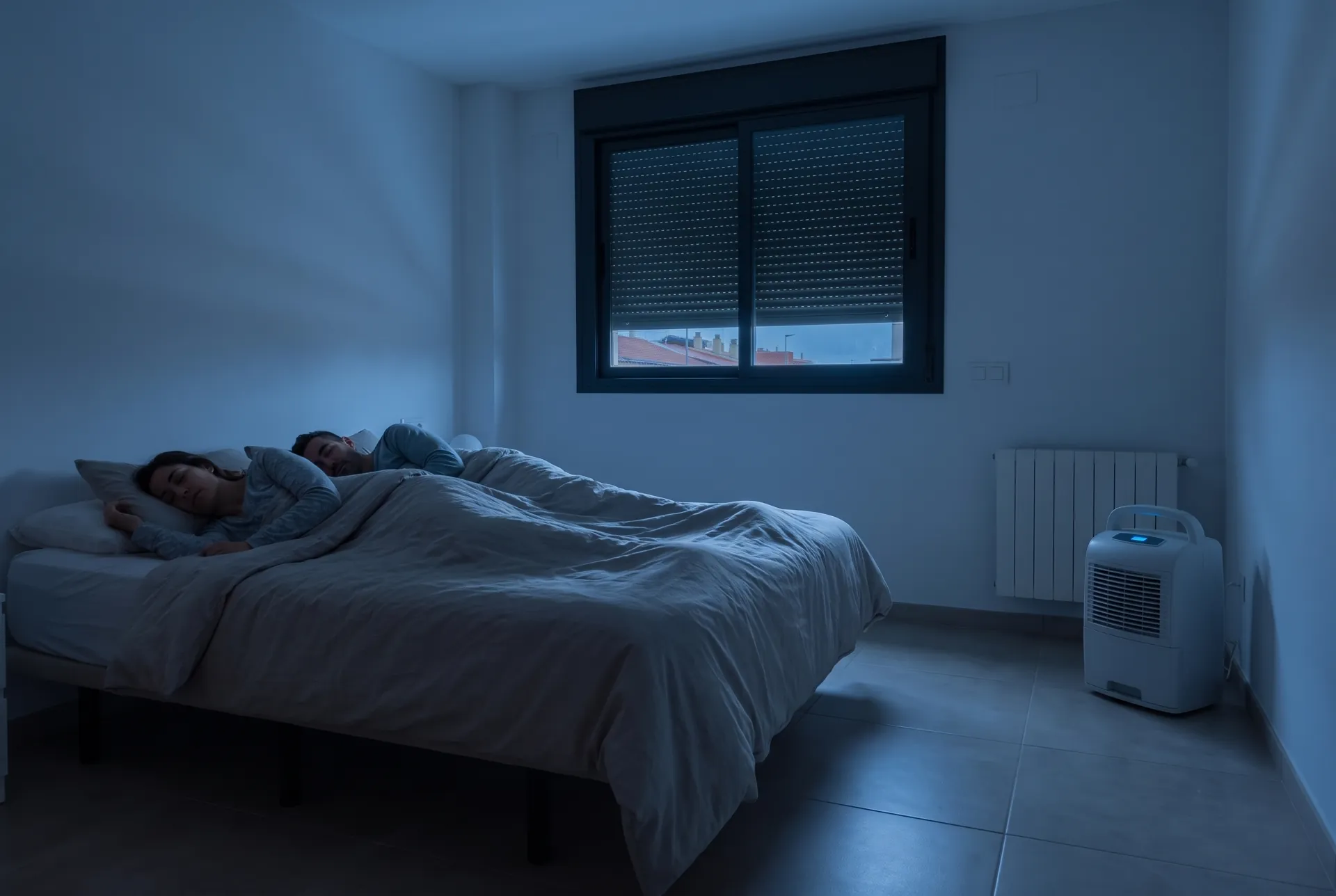 Pareja durmiendo en un dormitorio a oscuras con la persiana bajada y un deshumidificador en el rincón junto al radiador (imagen generada con IA)
