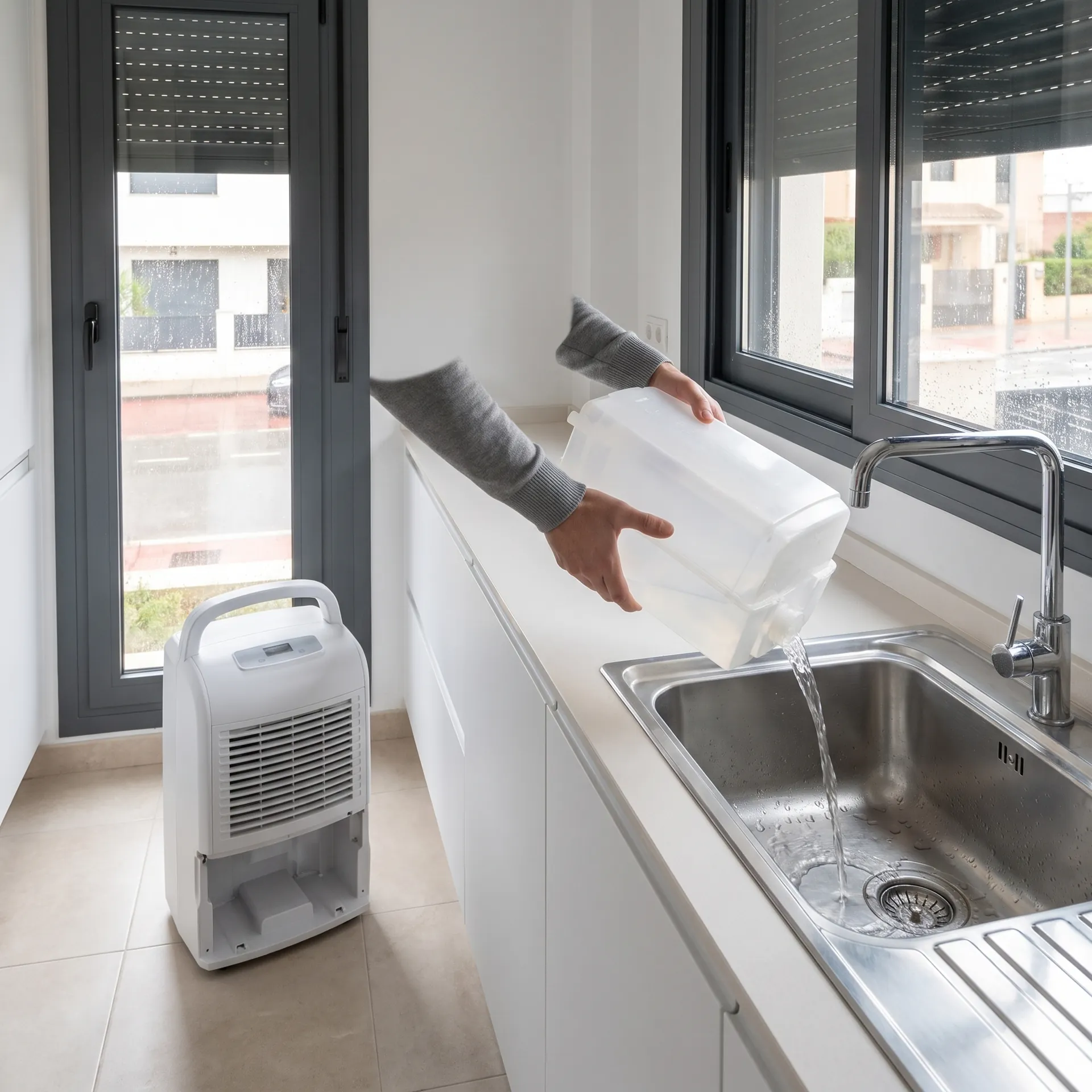 Dos manos vacían en el fregadero el depósito transparente de un deshumidificador, que espera en el suelo de la cocina (imagen generada con IA)