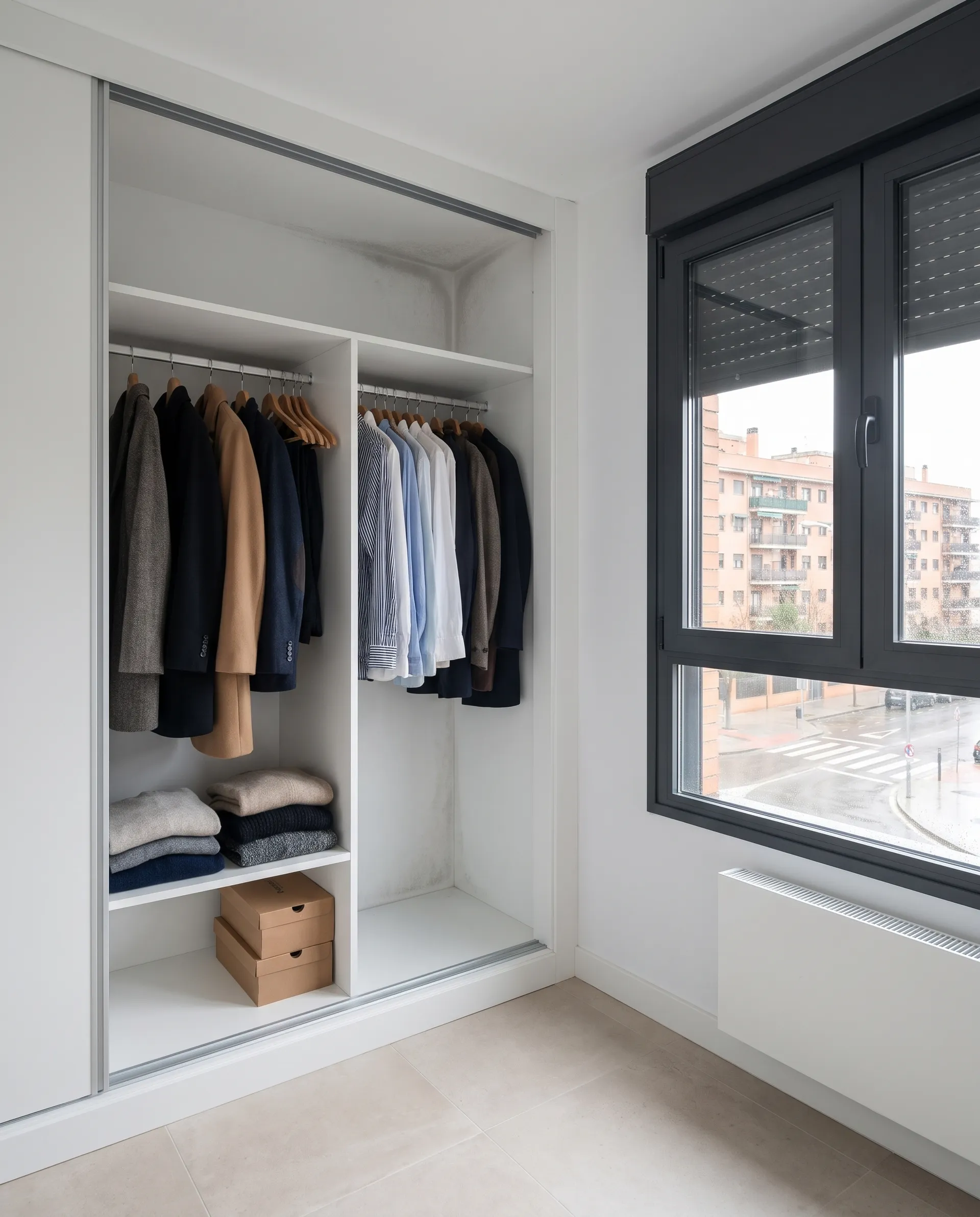 Armario empotrado abierto en un dormitorio moderno, con abrigos y camisas colgados, jerséis doblados y cajas de zapatos; al fondo, en la esquina pegada a la pared exterior, una sombra gris de humedad (imagen generada con IA)