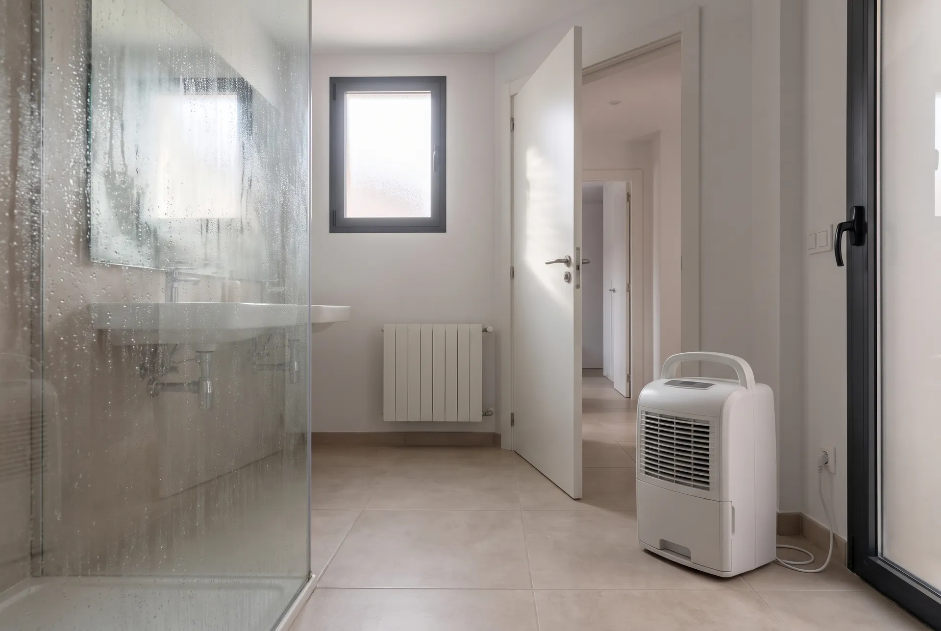 Baño moderno recién usado, con la mampara de la ducha mojada y el espejo empañado; el deshumidificador está en el suelo junto a la puerta, lejos de la ducha y del lavabo, enchufado a la pared al lado del marco (imagen generada con IA)