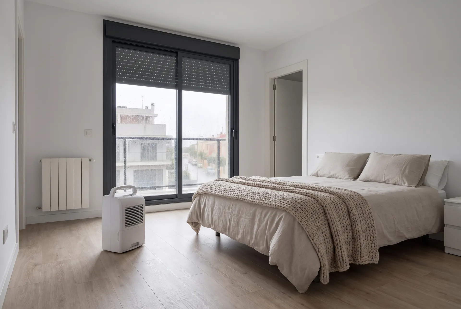 Dormitorio de matrimonio moderno en una tarde de lluvia, con el radiador puesto y la cama hecha; el deshumidificador está en el suelo cerca del balcón, a un par de metros de la cama (imagen generada con IA)