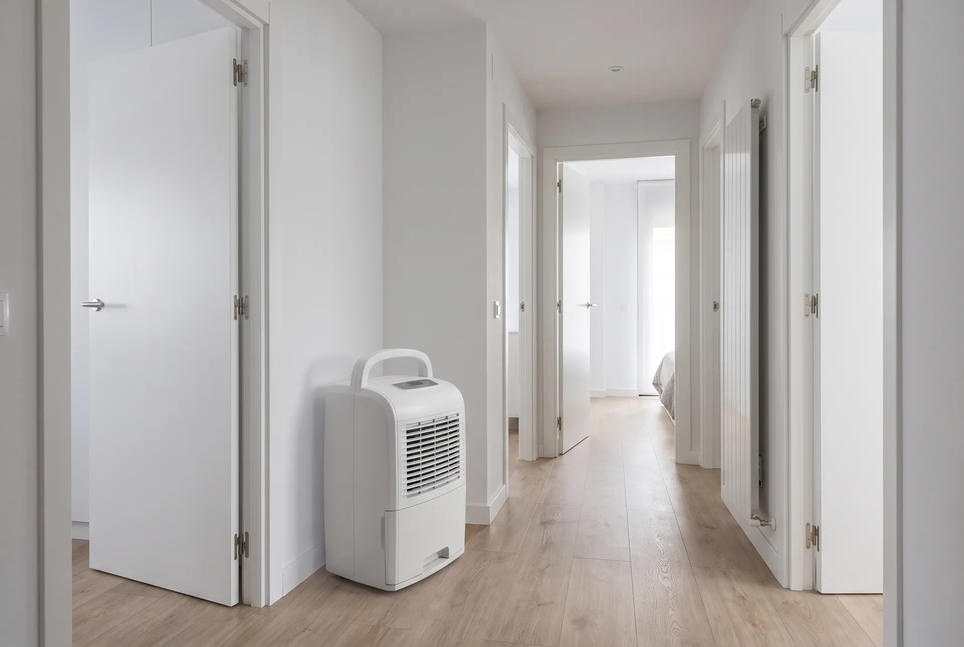 Pasillo central de un piso moderno con suelo de madera clara y varias puertas blancas abiertas al salón y los dormitorios; el deshumidificador está en medio del pasillo, pegado a la pared (imagen generada con IA)