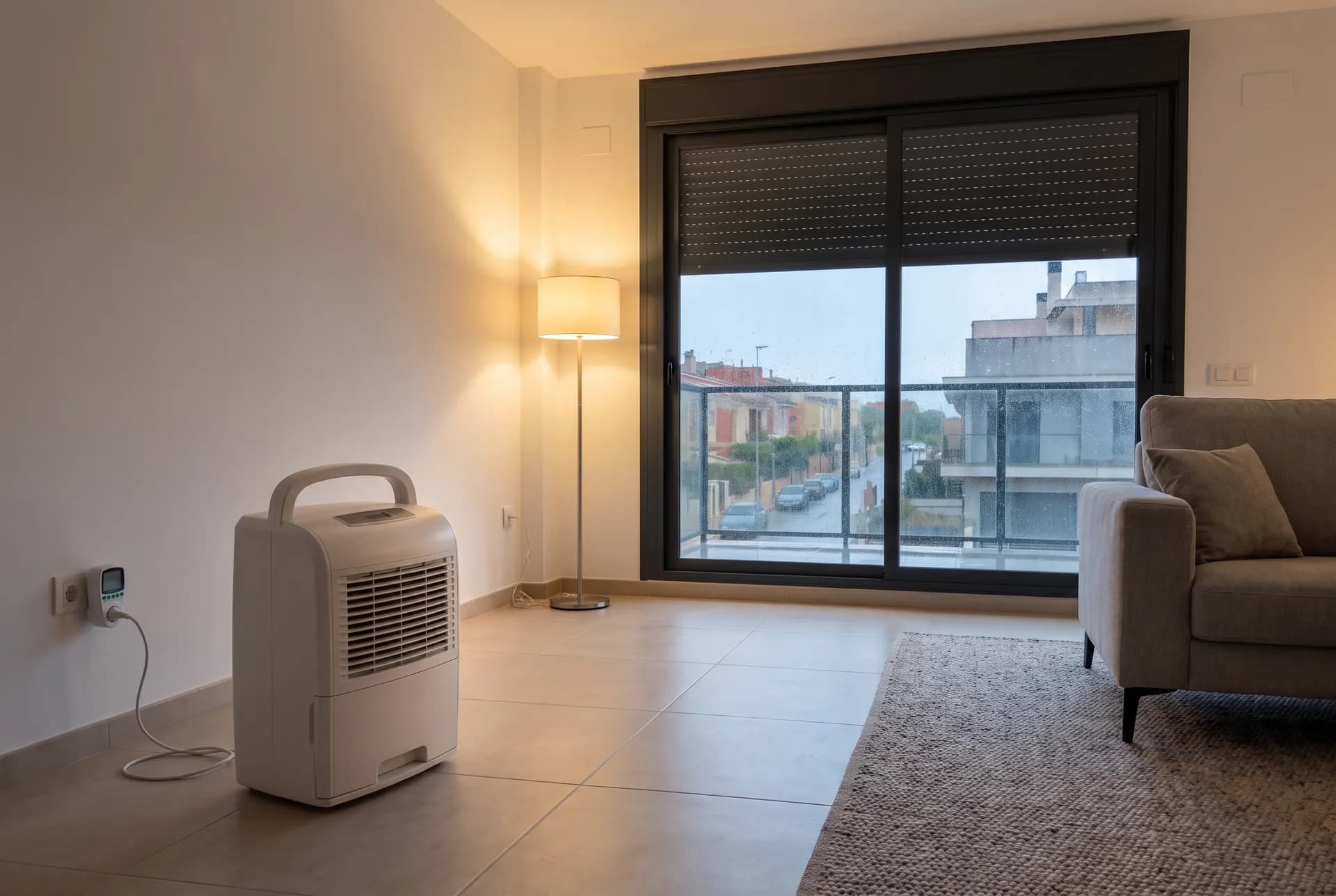 Salón de un piso moderno de noche, con el deshumidificador en el suelo enchufado a un medidor de consumo en la pared y lluvia en la ventana (imagen generada con IA)