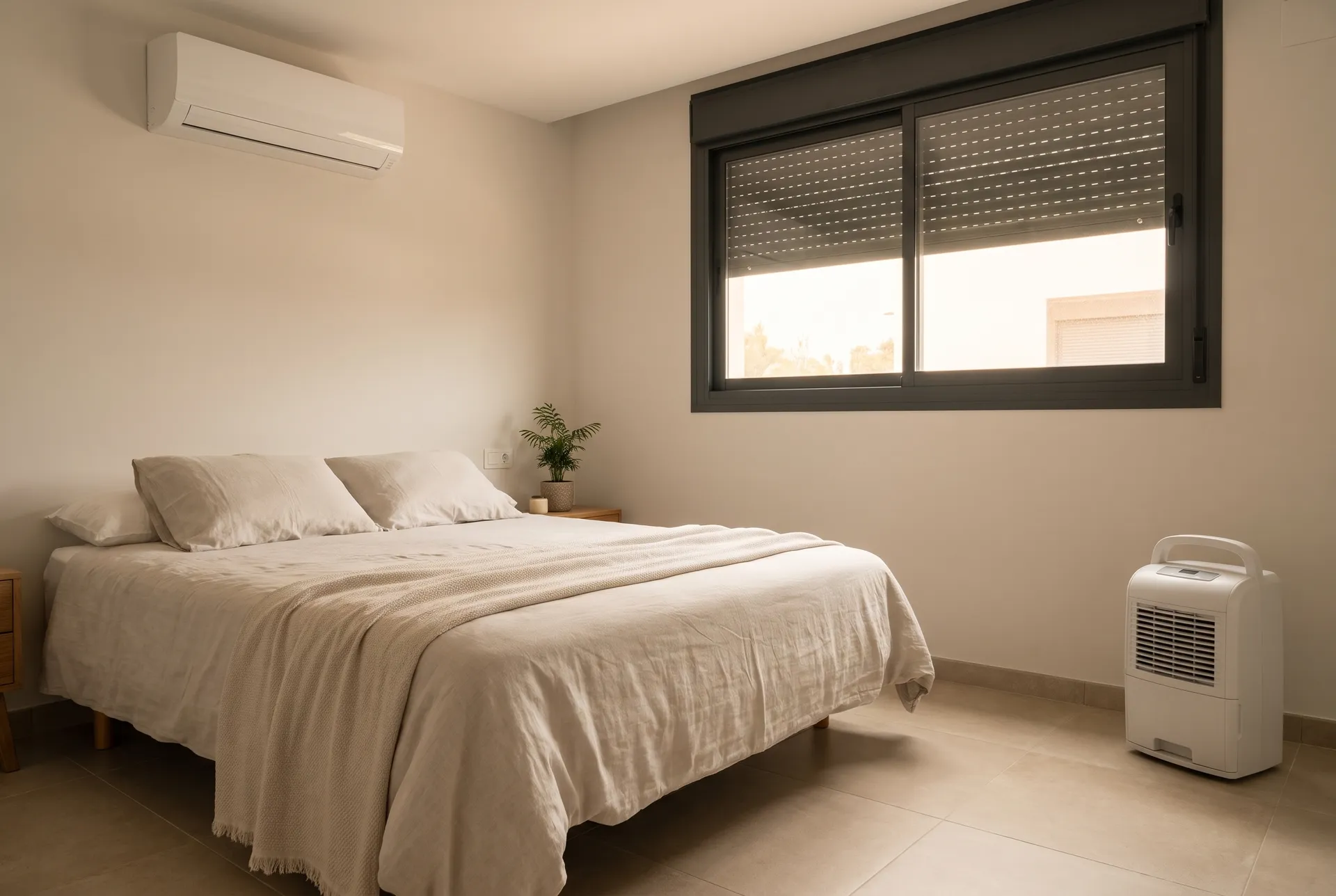 Dormitorio moderno en una tarde húmeda de verano, con un split de aire acondicionado en la pared sobre la cama y el deshumidificador en el suelo, en la esquina (imagen generada con IA)