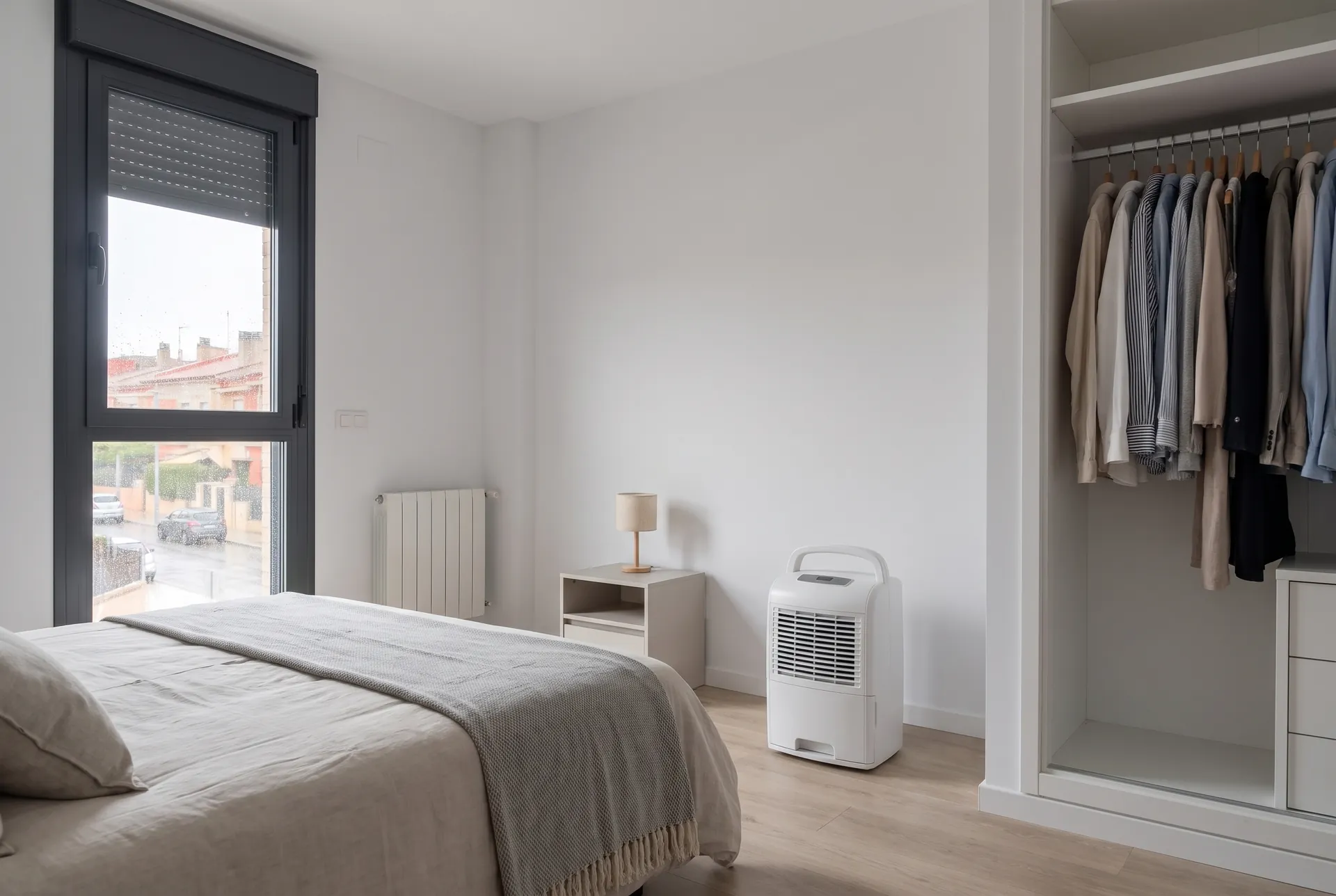 Dormitorio pequeño de un piso moderno con un deshumidificador blanco en el suelo entre la cama y un armario empotrado abierto, a la altura de la mesilla (imagen generada con IA)