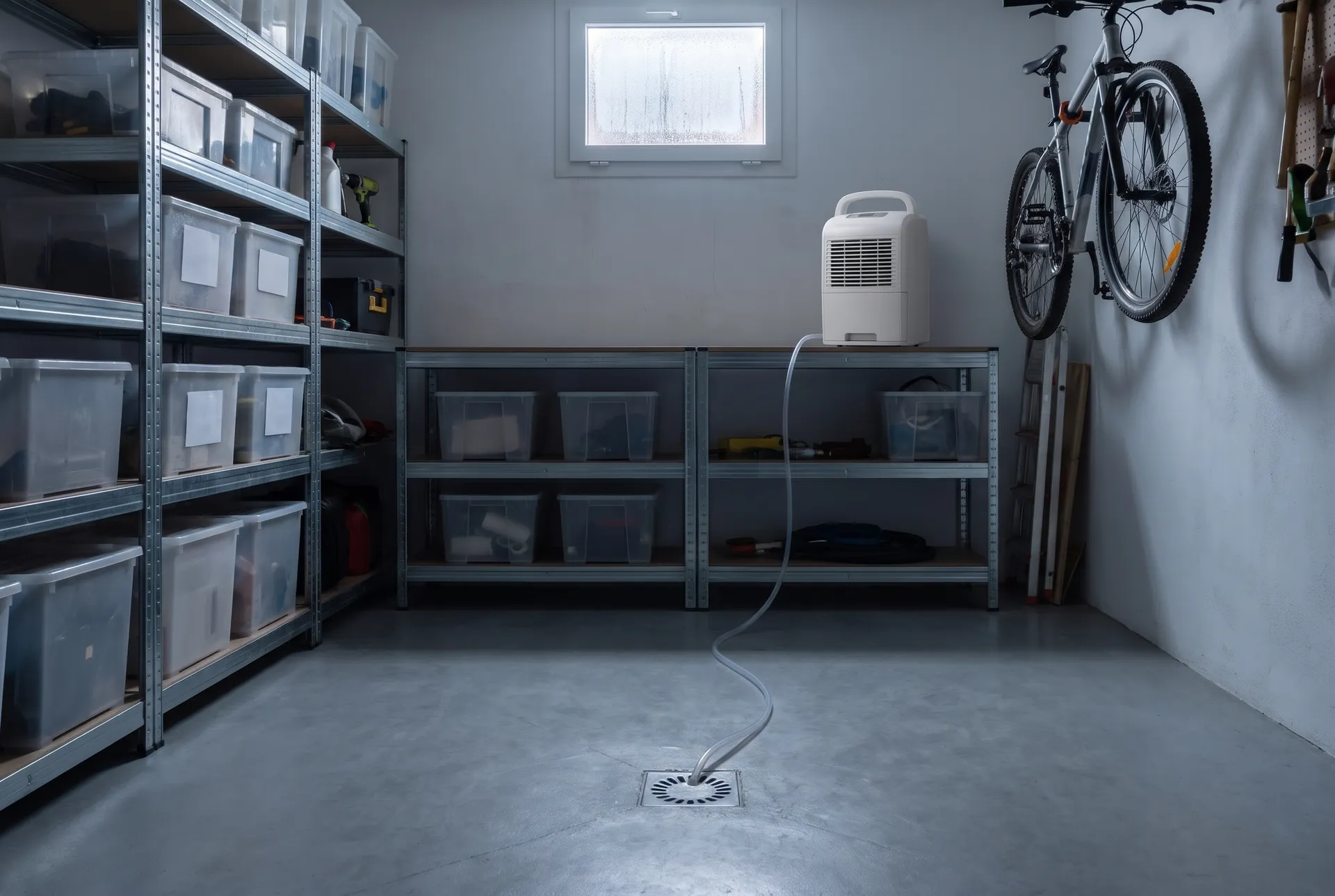 Garaje de una casa adosada usado como almacén, con estanterías metálicas, cajas de plástico y una bicicleta colgada; el deshumidificador está sobre una balda baja y una manguera transparente baja hasta el sumidero del suelo (imagen generada con IA)