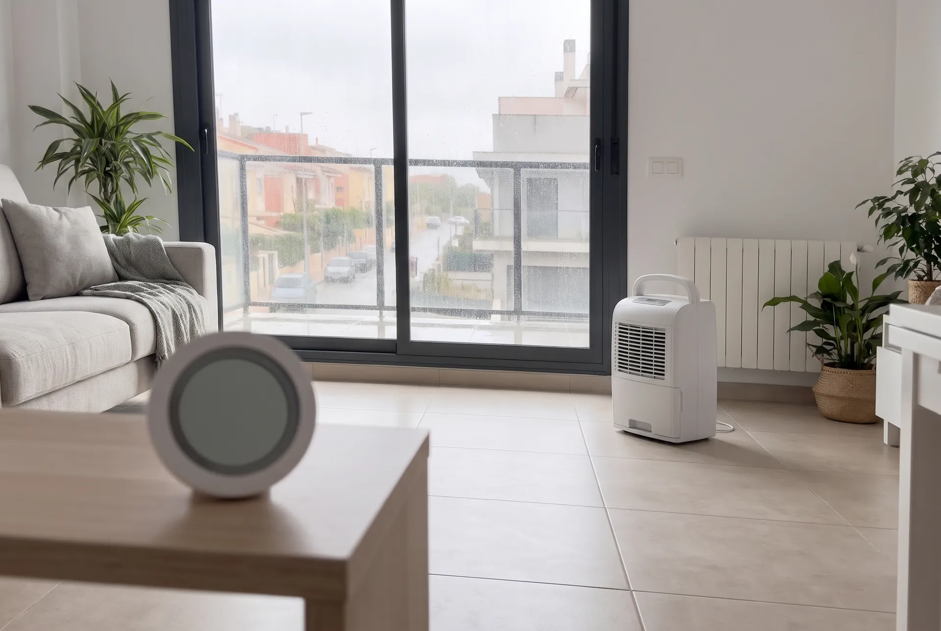 Salón de un piso moderno en una mañana gris de invierno, con un higrómetro redondo en una balda en primer plano y el deshumidificador funcionando junto a la ventana (imagen generada con IA)